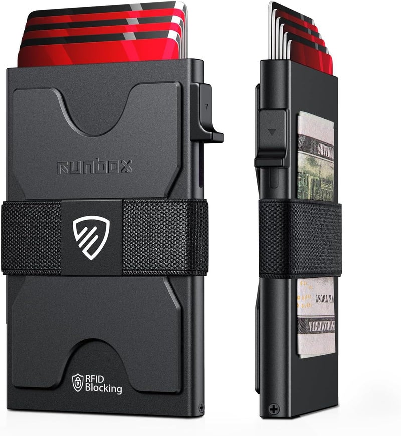 RUNBOX Mens Business Card Holder, Slim Card Wallet for Men and Women, Minimalist RFID Blocking Wallet with Pop-Up Function, Thin Design, Metal Cases Holds 6+6 Cards, Gifts for Men, Men's Accessories - Image 1